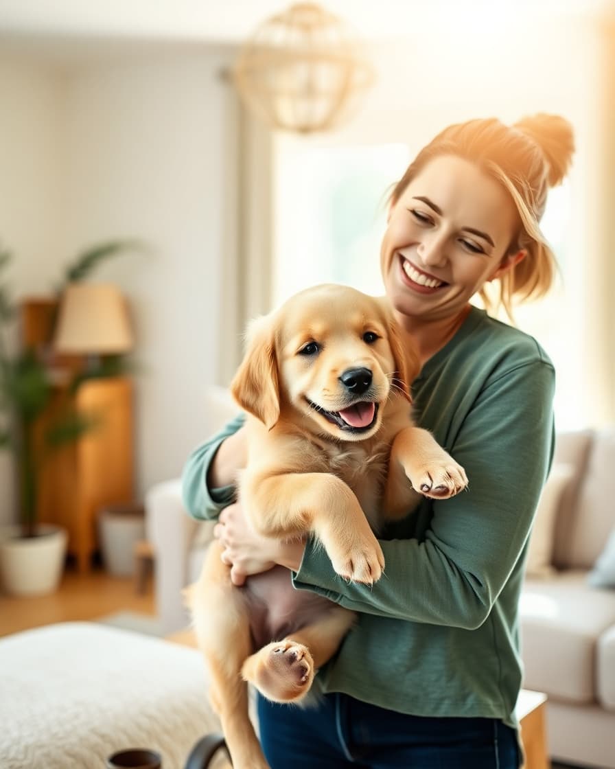 A new owner smiling and holding a happy golden retriever puppy at home