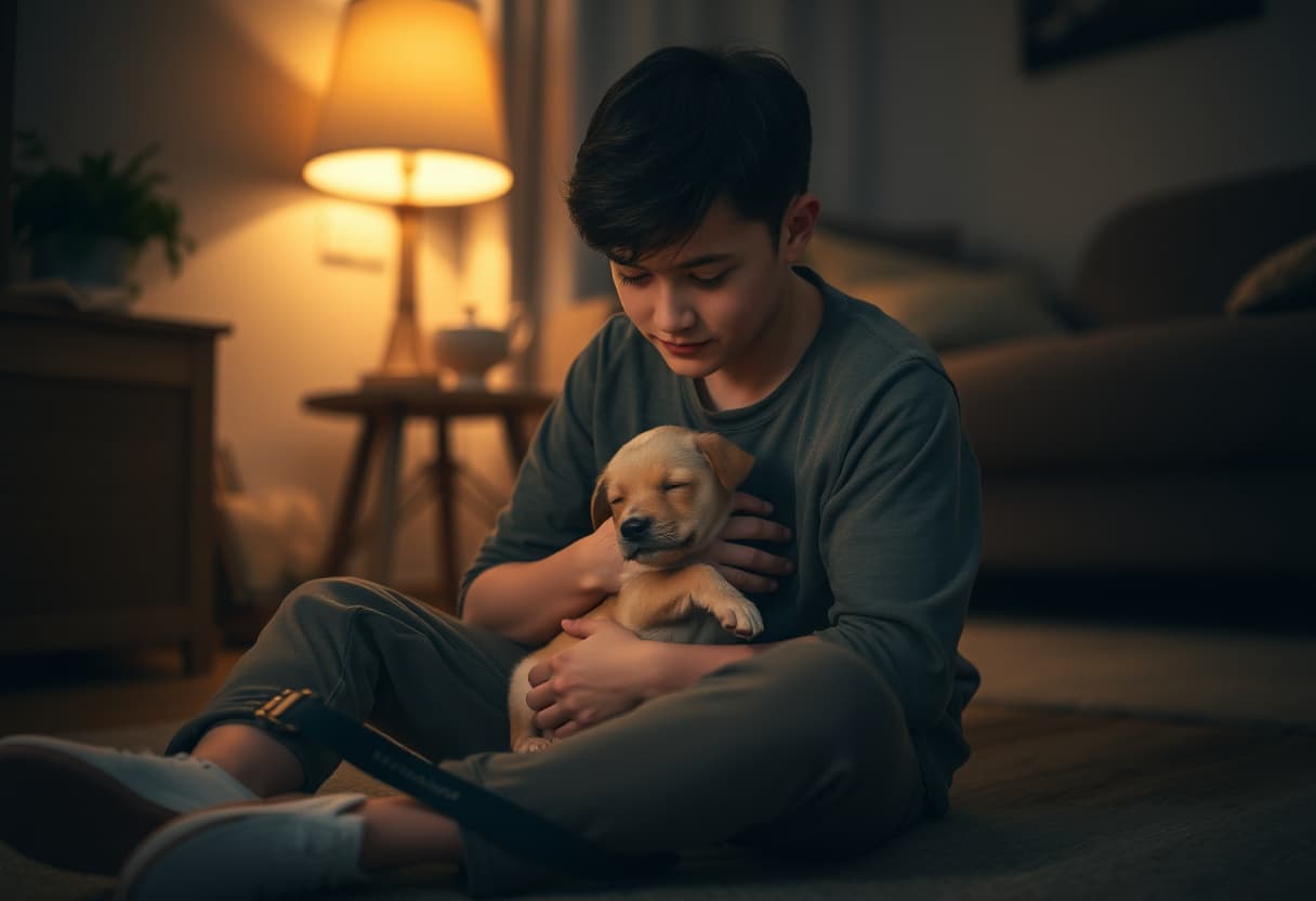A tired owner tenderly holding a sleepy puppy at night