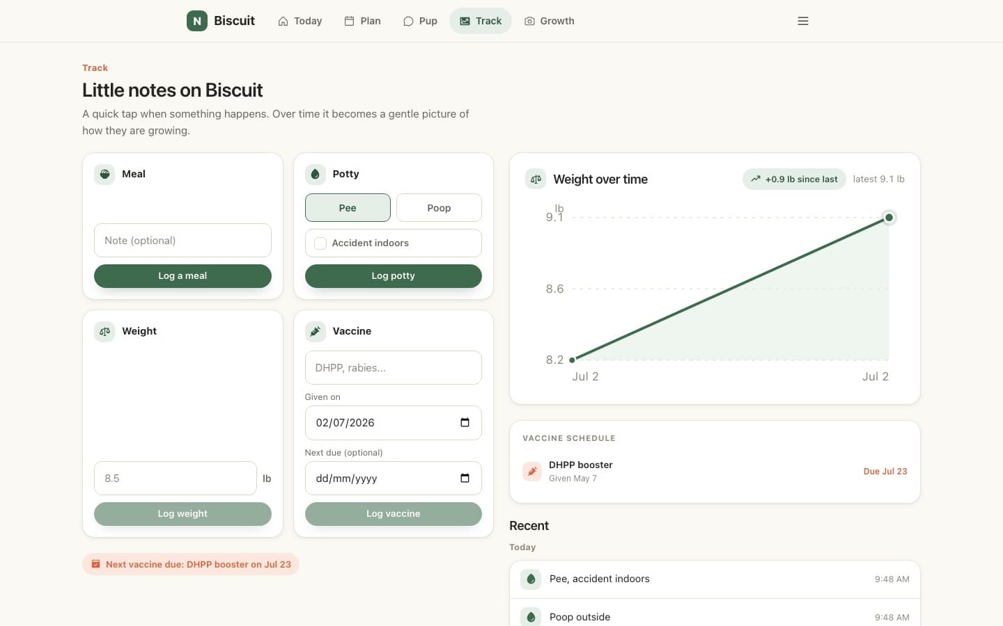 The Track page with quick log cards, a weight chart and the vaccine schedule